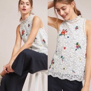 Anthropologie embellished Floral Lace Top - White and Multicolor appliqué
